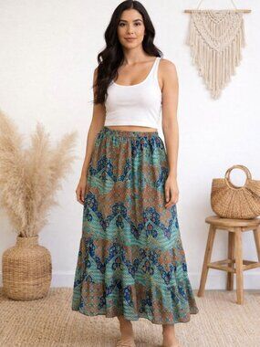 Bohemian Midi Skirt Womens Medium Multicolor Beachy Boho Hippie Festival Peasant